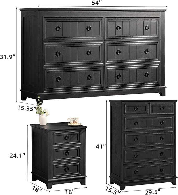 Bedroom Dresser and Nightstand Sets 4 Piece, Farmhouse 6 Drawers Dresser & 40.5" Tall Chest of Drawers, 18" Nightstands Set of 2, 54" Wide Furniture Dressers for Bedroom, Living Room, Black