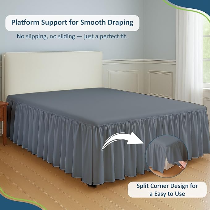 Rajlinen Ruffled Bed Skirt Full XL, 21 Inch Drop Dust Ruffle with Split Corners, 100% Microfiber Bedskirt with Platform, Three-Sided Coverage Ruffled Gathering Design, Dark Grey