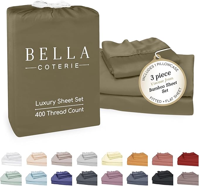Bella Coterie Luxury Bamboo Viscose Twin Size Sheet Set | 100% Organically Grown | Ultra Soft | Cooling for Hot Sleepers | 18" Deep Pocket [Olive]