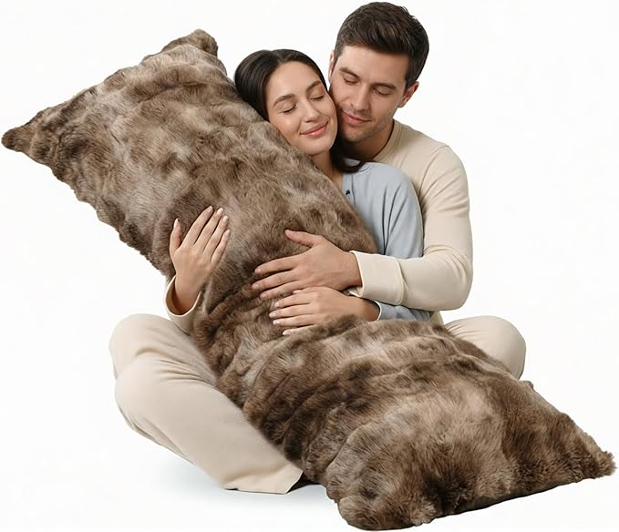 ZonLi Fluffy Bubble Body Pillow – Faux Rabbit Fur Long Pillow for Sleeping & Lounging, 20x54 inch Cozy Dual-Sided Plush Pillow with Adjustable Memory Foam Filling & Washable Cover, Brown