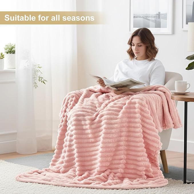 decorUhome Christmas Soft Fleece Pink Twin Blanket for Bed, Cozy Fluffy Plush Flannel Striped Throws for Couch Sofa, Lightweight Decorative Ribbed Fuzzy Blanket for Woman, 60x80 Inches