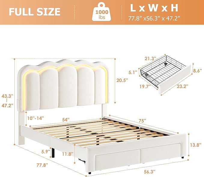 Velvet Upholstered Full LED Bed Frame with 2 Storage Drawers and Adjustable Chic Double Wavy Headboard, Princess Platform Bed with Charing Station, Solid Wood Slats Support,No Box Spring Needed,Beige