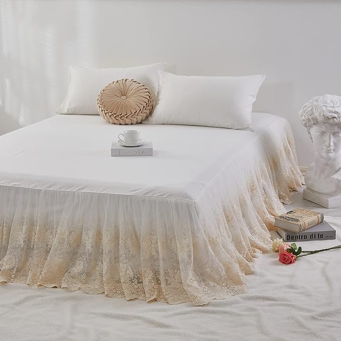 Brandream Lace Bed Skirt Queen Size Cream White 18 Inch Drop Romantic Dust Ruffle Split Corners Bed Sheets Cover Excellent Quality