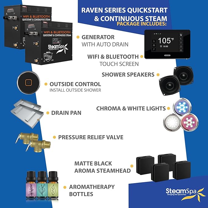 SteamSpa Steam System 24kW Steam Shower Generator with Bluetooth Wifi, Quickstart Continous Steam, Advanced Touch Pad Screen, Chroma Lights, Drain Pan and Auto Drain Black RVBS2400BK-A