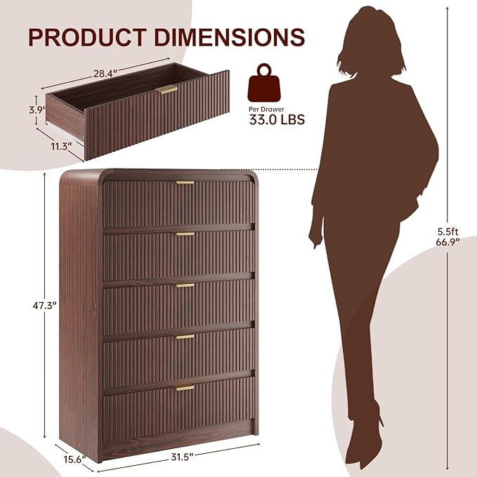 FURSUN Fluted 5 Drawers Dresser for Bedroom, 48" Tall Wooden Modern Dresser with Metal Handle, Curved Profile Design, Storage Organizer for Bedroom, Living Room, Hallway, Dark Walnut