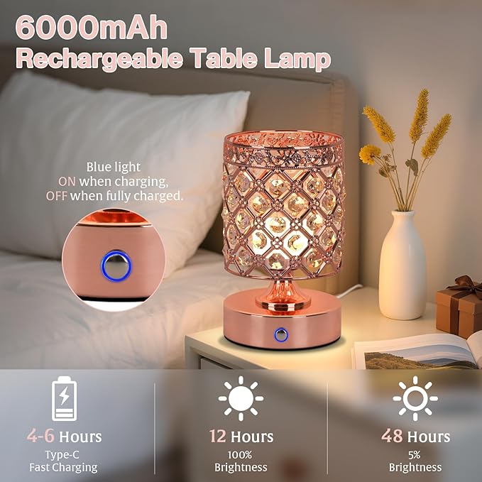 TOBUSA Crystal Rechargeable Cordless Table Lamps Set of 2, Wireless Lamps with 3 Color Temps & Stepless Dimming, Portable 6000mAh Battery Operated Lamps, Rose Gold Small Desk Lamps for Bedroom Bar
