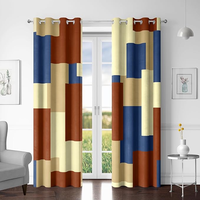 Terracotta Blue 100% Blackout Curtains for Bedroom 63 inch Long 2 Panels Set Modern Abstract Geometric Black Out Curtains Insulated Room Darkening Window Drapes for Living Room, 52Wx63L