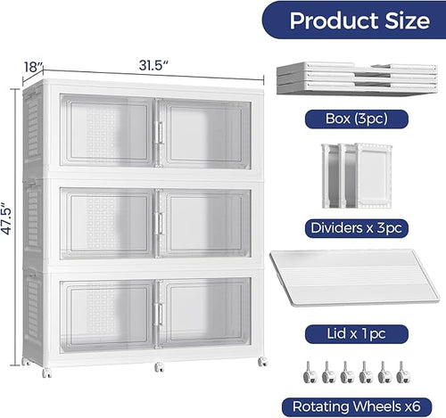150GAL Extra Large Storage Bins with Lid, 600Qt Stackable Closet Organizers and Drawers, Collapsible Storage Bins with Wheels, Folding Containers for Home, Kitchen Office, 3Pack White
