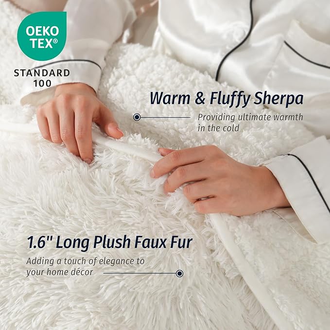 Wemore Shaggy Long Fur Faux Fur Weighted Blanket, Cozy and Fluffy Plush Sherpa Long Hair Blanket for Adult 15lbs, Fluffy Fuzzy Sherpa Reverse Heavy Blankets for Bed, Couch, Cream White, 80 x 87 Inches