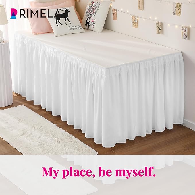 RIMELA Dorm Bed Skirt Twin XL 22 Inch Drop, Extra Long Wrap Around Elastic Bed Skirts Easy to Put On Twin Size Dust Ruffle, White Bedskirt for Adjustable Bed Base Solid Silky Fabric Machine Washable