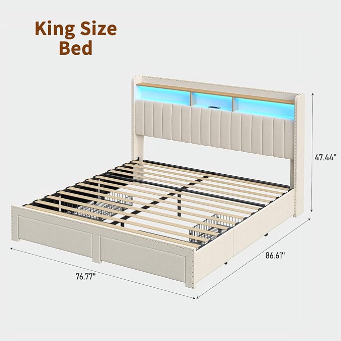 King Size Bed Frame with LED Light and Charging Station, Upholstered Bed Frame with 4 Drawers and 2-Tier Storage Headboard, Easy Assembly, Wooden Slats Support, No Box Spring Needed