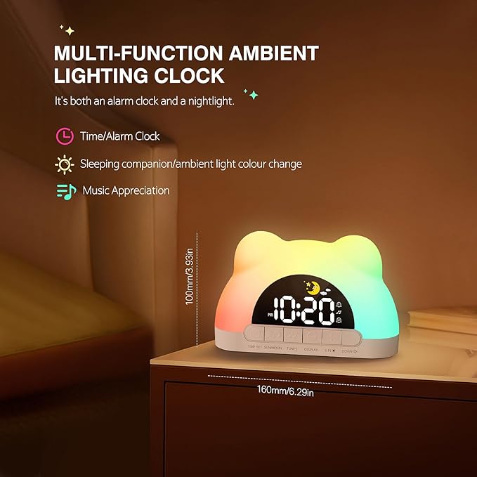LED Alarm Clock, Little Bear Alarm Clock, Sleep Training Clock for Toddlers with 11 Colors Night Light for Bedroom, Sound Machine, Birthday Gift for Boys Girls