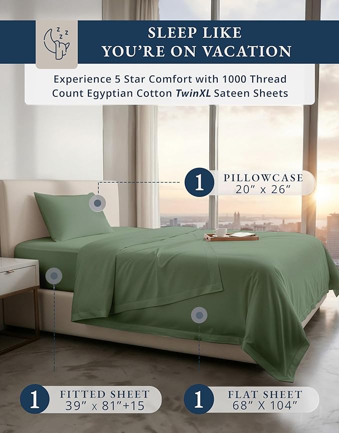 LANE LINEN 100% Egyptian Cotton Twin XL Sheets Set - 1000 Thread Count, Soft & Comfy Thick Fully Elasticized Mercerized Cotton Sheet Twin, No Pill Fade Resistant Elegant Jaquard - Iceberg Green