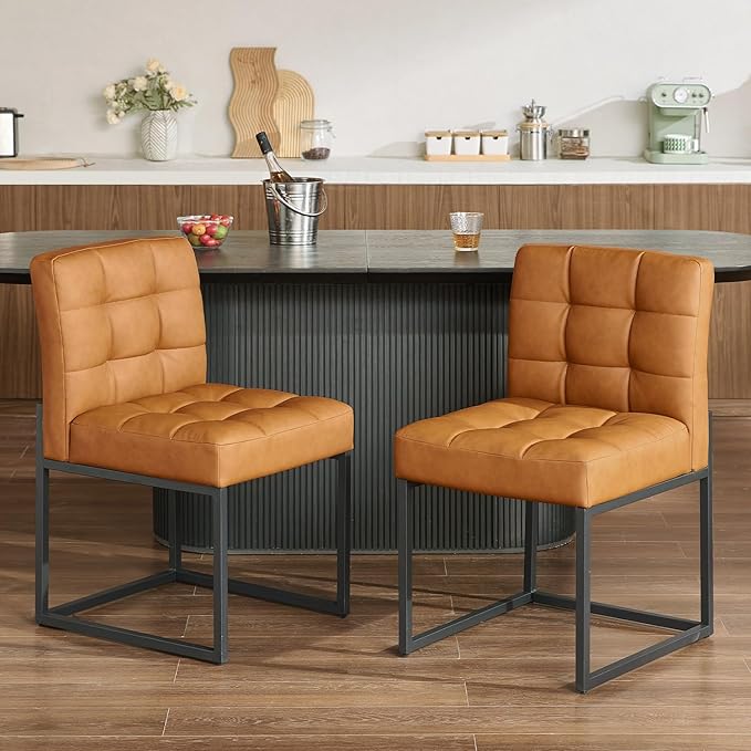Brown Faux Leather Dining Chairs Set of 4, Mid-Century Modern Dining Room Chairs with Armless, Checkered Kitchen Chair with Metal Legs