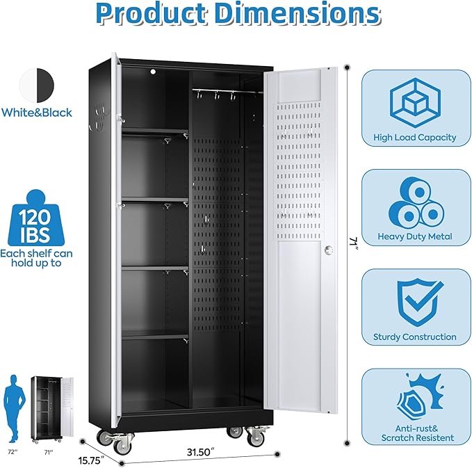 Garage Storage Cabinet with Wheels, Broom Closet Storage Cabinet with Pegboards and Adjustable Shelves, Metal Tool Cabinet with Lockable Door for Garage Home, Black and White