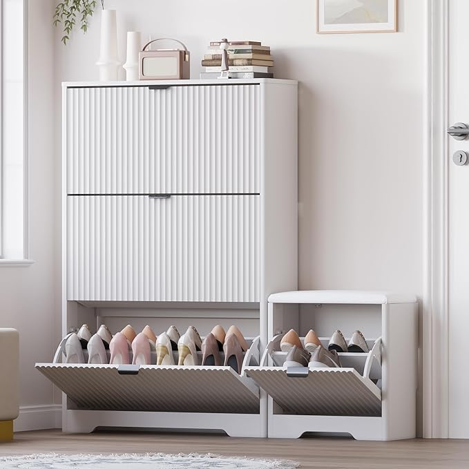 Slim Shoe Cabinet with Bench for Entryway, Hidden Storage and Adjustable Shelves, Free Standing Wooden Shoes Organizer for Foyer, Hallway