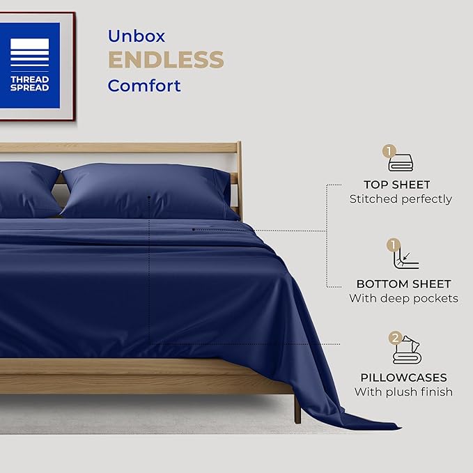 THREAD SPREAD 100% Cotton Queen Sheets Set - 400 Thread Count Queen Size Sheets (4 PC, Navy Blue), 16" Deep Pocket All Around Elastic, Soft, Cooling, Durable & Breathable Sateen Weave Bed Sheet Set