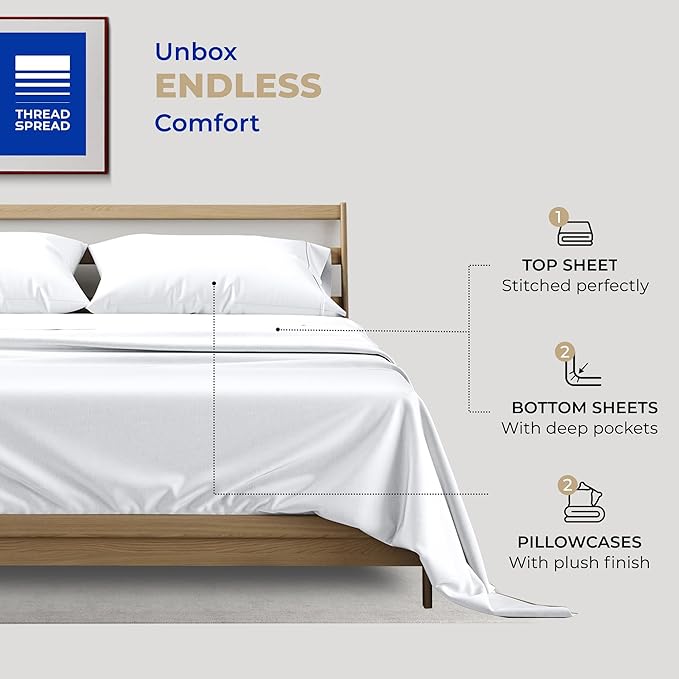 THREAD SPREAD 100% Cotton Split King Sheets for Adjustable Bed - 400 Thread Count 5 PC Sateen Split Sheet Set, Soft, Breathable Cooling Cotton Sheets, 16" Deep Pocket Split King Sheet (White)