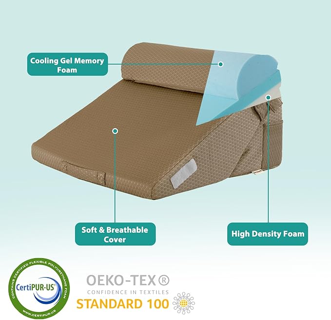 Bedluxe Adjustable 4pcs Bed Wedge Pillow Set, Memory Foam Wedges Pillow Post Surgery for Back, Neck, Leg Pain Relief, Pillows Wedge for Sleeping, Sitting up in Bed, Acid Reflux and GERD, Brown