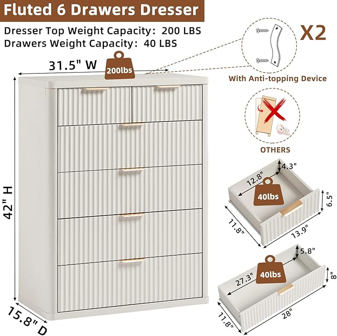 LEYAOYAO Fluted 6 Drawers Dresser for Bedroom, 42" Tall Modern Chest of Drawers with Metal Handle, Curved Profile Design,White Wood Drawer Organizer for Bedroom, Living Room, Hallway, Entryway