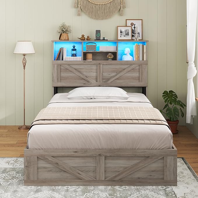 AOGLLATI Twin Bed Frame with 4 Storage Drawers and Charging Station, Farmhouse Wooden Led Twin Bed with Storage Hidden Space Headboard and Metal Slats, Gray