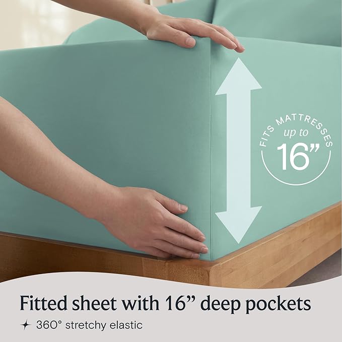 LuxClub 4 PC Queen Sheet Set, Deep Pockets Wrinkle Free Cooling Bed Sheets Hotel Bedding for Women, Men, Includes 1 Fitted Sheet, 1 Flat Sheet and 2 Pillowcases-Silky Soft Light Teal