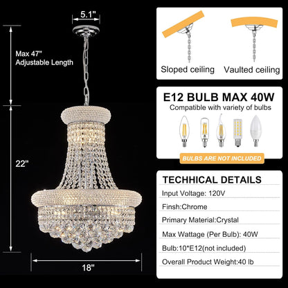 10 - Light Unique Empire Crystal Chandelier for Dining Room Foyer Entryway Living Room Bedroom Chrome Finish