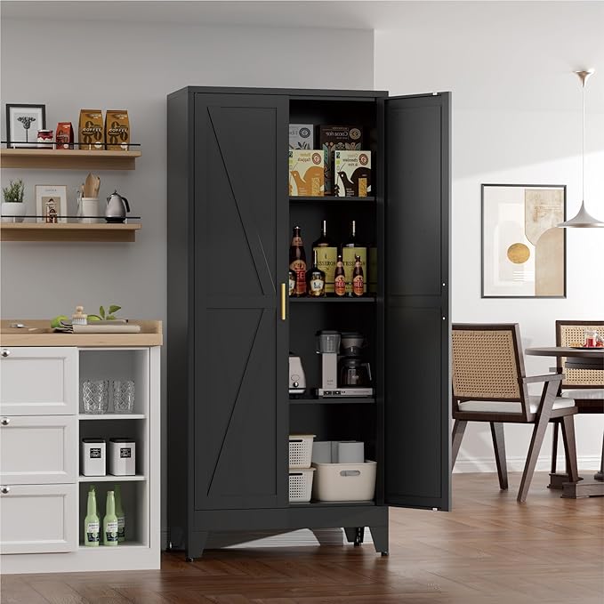 Farmhouse Pantry Cabinet with Barn Doors,61" H x 27.5" W,Metal Cabinet with Adjustable Shelves,4-Tier Storage Cabinet for Kitchen Dining Room Garage Office,Black
