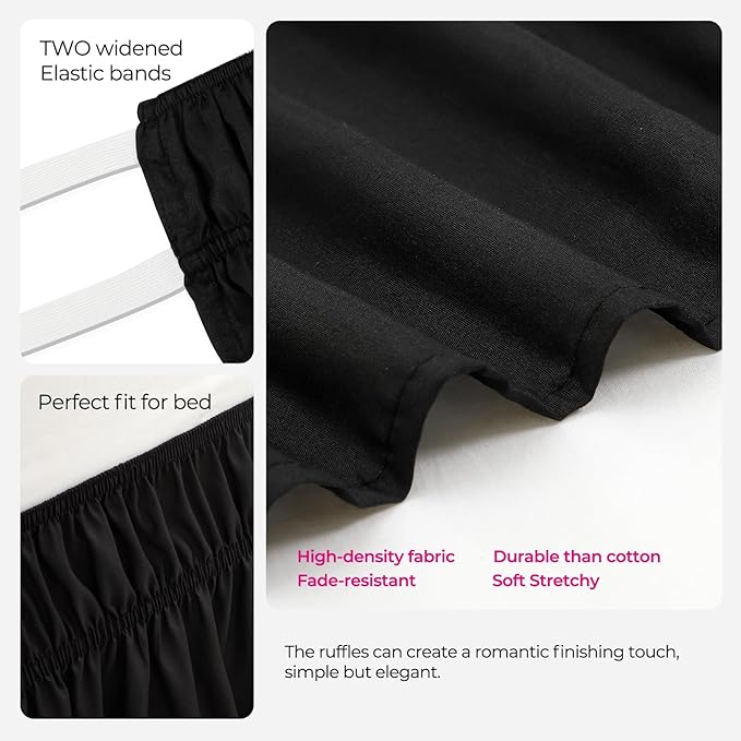 RIMELA Black Bed Skirt Twin 32 Inch Drop Silky Luxurious Fabric, Wrinkle and Fade Resistant with Adjustable Elastic Belt Easy to Install Machine Washable Dust Ruffles Bedskirt for Matress Box Spring