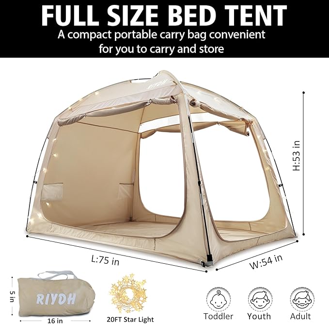Bed Tent Bed Canopy Breathable 100% for Adult and Kids- Original Design Light Reduction 93% Sleeping Dream Tents Indoor Portable Big Space with String Light 3 Doors Twin Full Queen King Size