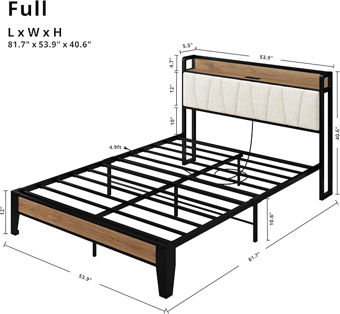 LIKIMIO Full Bed Frames, Storage Headboard with Charging Station, Solid and Stable, Noise Free, No Box Spring Needed, Easy Assembly, Wood and Cream