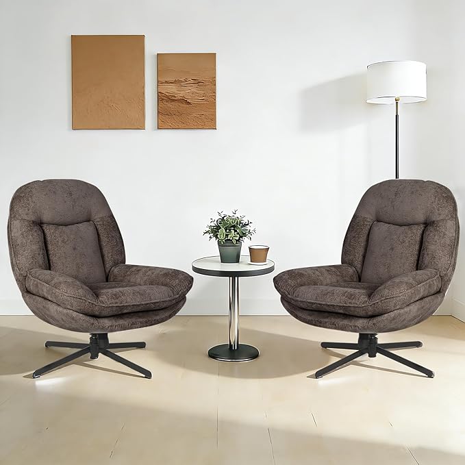 360°Free Swivel Accent Chair Set of 2 for Living Room, Slightly 20°Rocking, 24" High Backrest Upholstered Armchair, Ergonomic Design, Chenille Breathable Soft Fabric Modern Single Sofa, Brown