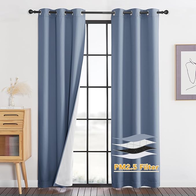 RYB HOME PM 2.5 Filter Curtains for Living Room/Bedroom, Soundproof Blackout Large Window Curtains for Dust Sandstorms Smog Pollen Odor Filtering, Stone Blue, W42 x L84 inch, 2 Panels