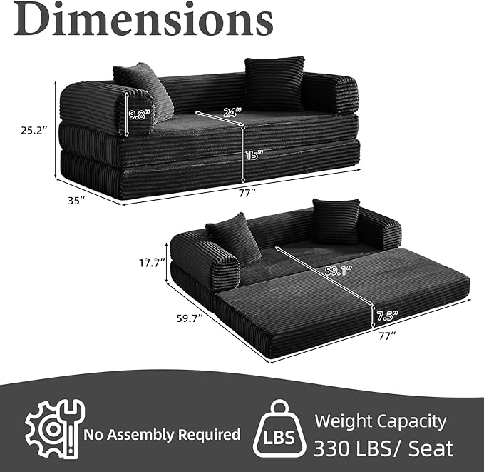 Convertible Futon Sofa Bed, Fold Out Floor Sofa Couch with Sleeper Sofa,Folding Boneless Couches with Deep Seat,Cloud Corduroy Foldable Mattress Couch for Living Room (Black)