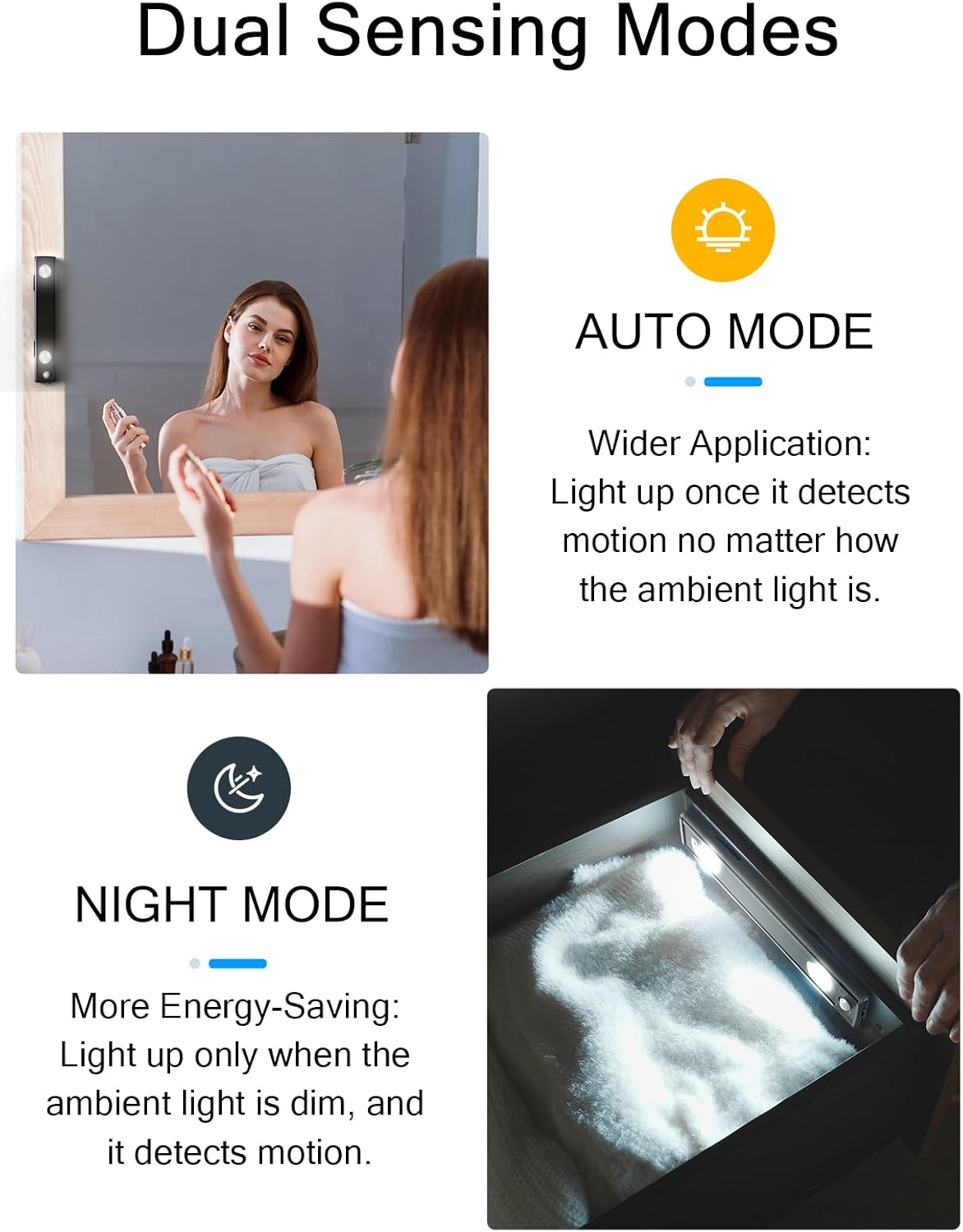 Under Cabinet Lights, Wireless Motion Sensor Light Indoor, Black 10in LED White Lighting Rechargeable Battery Operated,4 Modes Night Light, Stick-On Magnetic Closet Lights for Kitchen, Hallway(2 Pack)