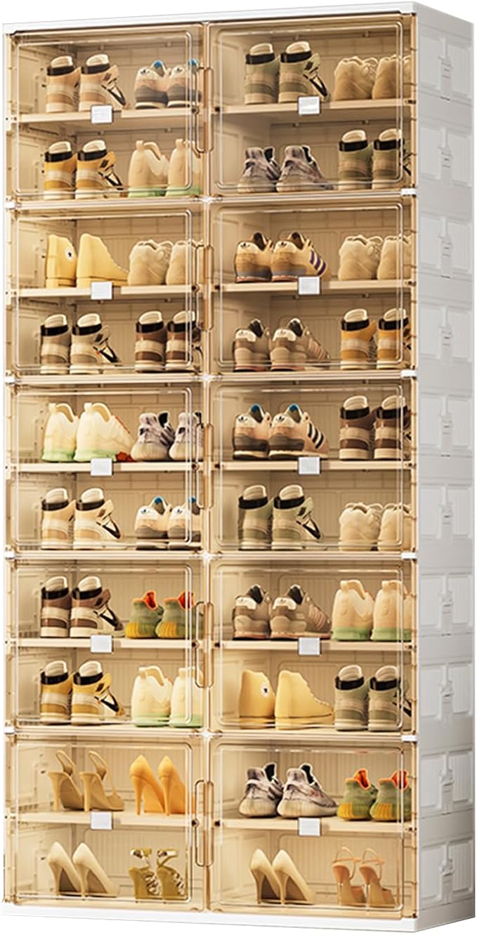 40 Pairs Shoes Storage Cabinet of 3-Step Fast Installation,Plastic Shoe Rack with Clear Magnetic Door for Display，Foldable Shoe Organizer for Entryway, Living Room, Garage (2 Row, 10 Tier)