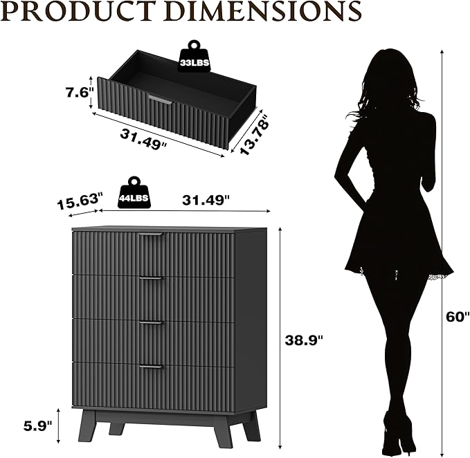 39" Tall Dresser for Bedroom, 4-Drawer Fluted Chest of Drawers, Modern Wood Highboy with Deep Storage, Metal Slides & Handles, Anti-Tip Kit, Vertical Clothes Organizer for Apartment, Nursery