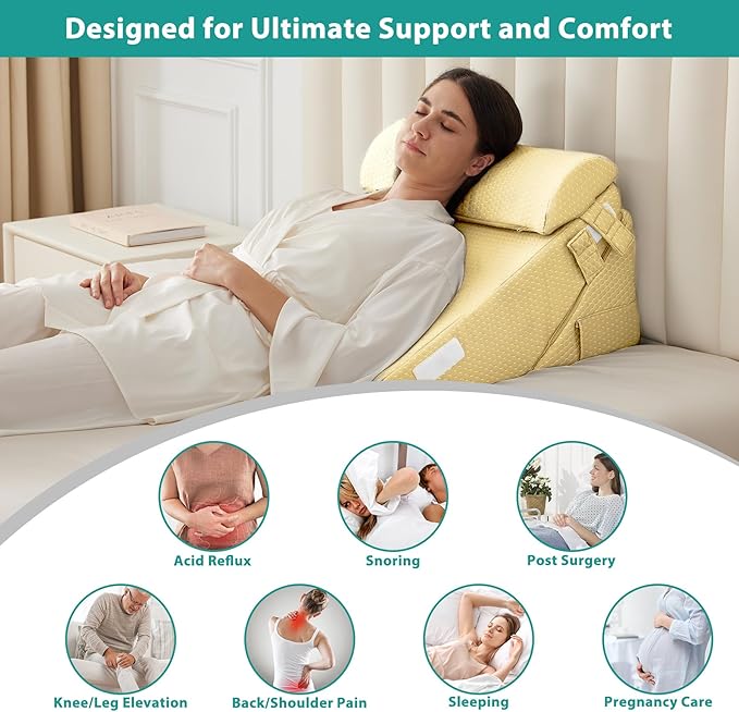 Bedluxe Adjustable 3pcs Bed Wedge Pillow Set, Memory Foam Wedge Pillows Post Surgery for Back, Neck, Leg Pain Relief, Pillow Wedge for Sleeping, Sitting up in Bed, Acid Reflux and GERD, Beige Yellow