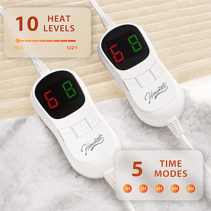 Homemate Electric Heated Blanket King Size - 100"x90" Heating Blanket King Size Dual Control 1/2/4/6/8 Hours Auto-Off 10 Heat Level Over-Heat Protection Soft Flannel Sherpa ETL Certification