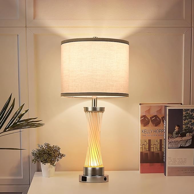 3-Way Dimmable Table Lamp Set of 2,Touch Control Lamp with Night Light,Modern Crystal Table Lamps for Bedroom,Living Room，Bedside Lamps with USB A+C Ports，Fabric Lampshade(Blubs Included)
