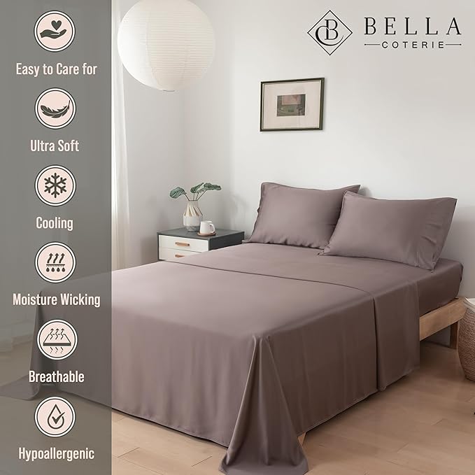 Bella Coterie Luxury Bamboo Viscose Split King Size Sheet Set | 2 Fitted Sheets for Sleep Number & Adjustable Beds | 100% Organically Grown | Cooling & Ultra Soft | 18” Deep Pocket [Mocha]