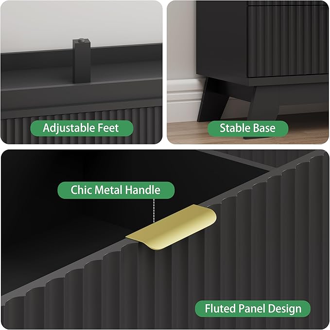 Fluted Dresser for Bedroom with 7 Drawers, 48" Wide Chest of Drawers with Metal Handle, Modern Wood Dresser TV Stand, Wooden Closet Clothes Storage Organizer for Living Room, Hallway, Black