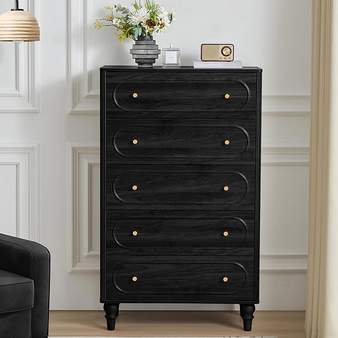 ORRD 5 Drawer Fluted Dresser for Bedroom, Mid Century Modern Chest of Drawers, Wood Storage Large Dresser Organizer for Bedroom Living Room Hallway Closet, Black