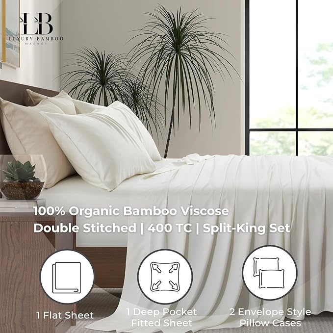 Split King Size Sheet Set | 2 Fitted Sheets for Sleep Number & Adjustable Beds | Organically Grown | Ultra Soft & Cooling |100% Viscose | 17" Deep Pocket [Ivory]