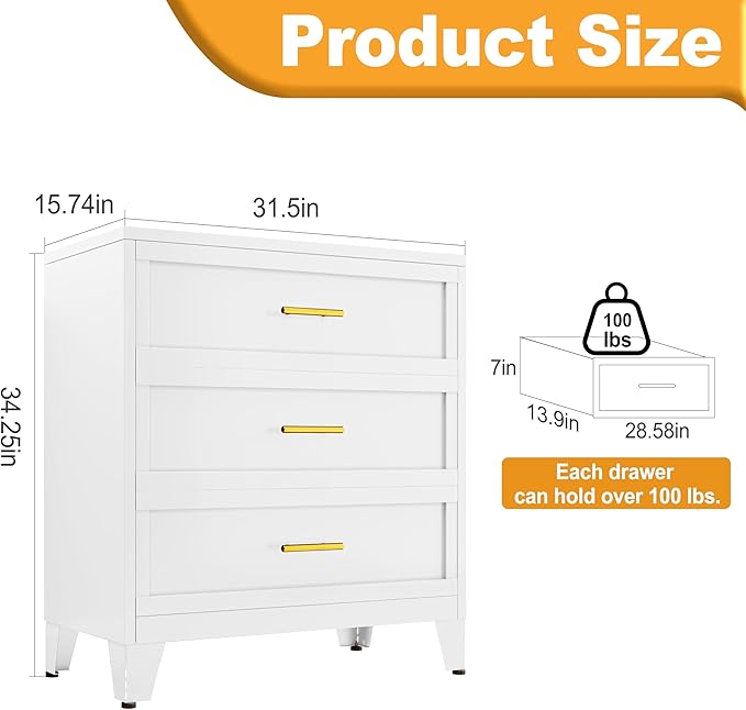 Metal Dresser, White Small Dresser for Bedroom, 34.25" H Dressers & Chests of Drawers, 3 Drawer Dressers for Living Room, Entryway, Hallyway (White, 3 Drawers)