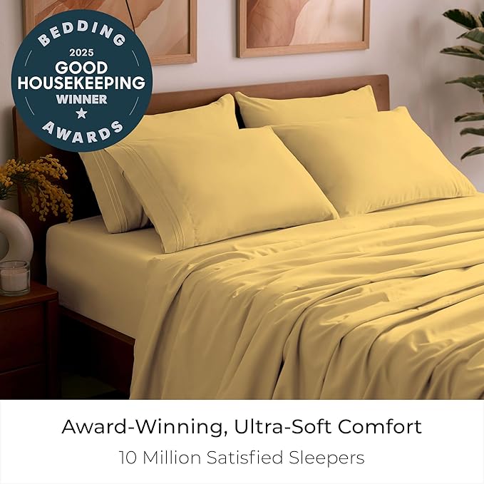 Mellanni Full Sheet Set - 6-Piece Iconic Collection Bedding, (Including 4 Pillowcases), 16-Inch Deep Pocket, Easy Care, Extra Soft, Cooling Sheets, Brushed Microfiber - Yellow