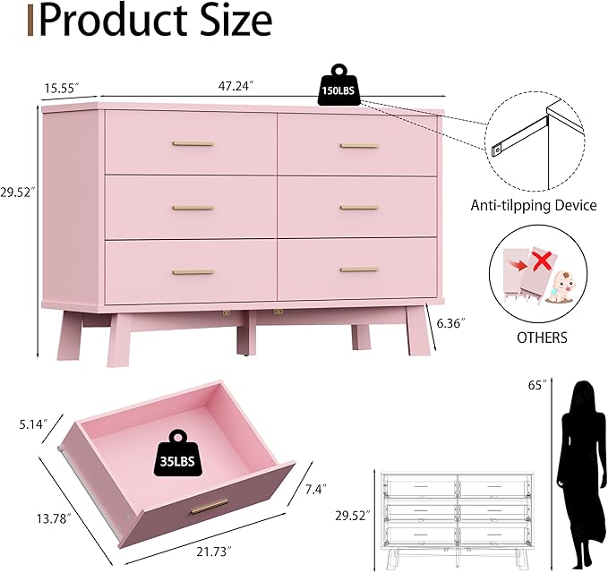 Dresser for Bedroom, 6 Drawer Wide Modern Chest of Drawers with X-Shaped Sturdy Base, Wood Double Dresser Closet Clothes Storage Organizer, Wooden TV Stand for Living Room, Hallway, Pink