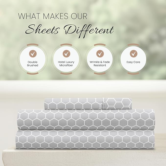 Linen Market Double-Brushed Patterned Microfiber Twin Sheet Set 3 Piece – Oeko-TEX Certified Ultra Soft & Wrinkle-Free - 16" Deep Pocket Sheets - Easy Care Twin Size - Honeycomb Light Gray