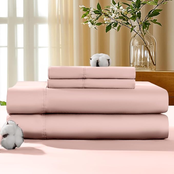 LBRO2M 100% Cotton Sheets Set Deep Pocket 19", 1000 Thread Count Full Size 4 Piece Bed Sheet Sets Soft Comfortable Bedding All Season (Full, Pink)