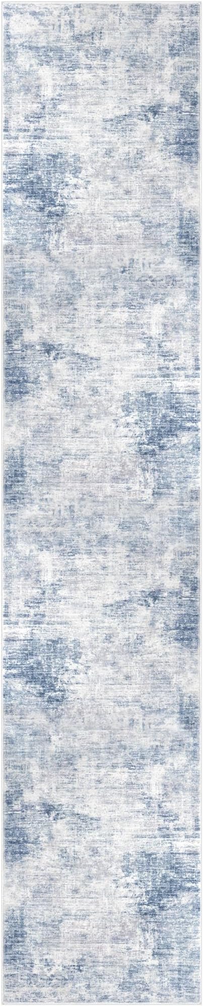 IOHOUZE Abstract Runner Rug 2x10 Ft Washable Runners for Hallways, Non Slip Kitchen Runner Printed Faux Wool Entryway Runner Indoor, Modern Abstract Floor Carpet for Hall Kitchen, Light Blue White